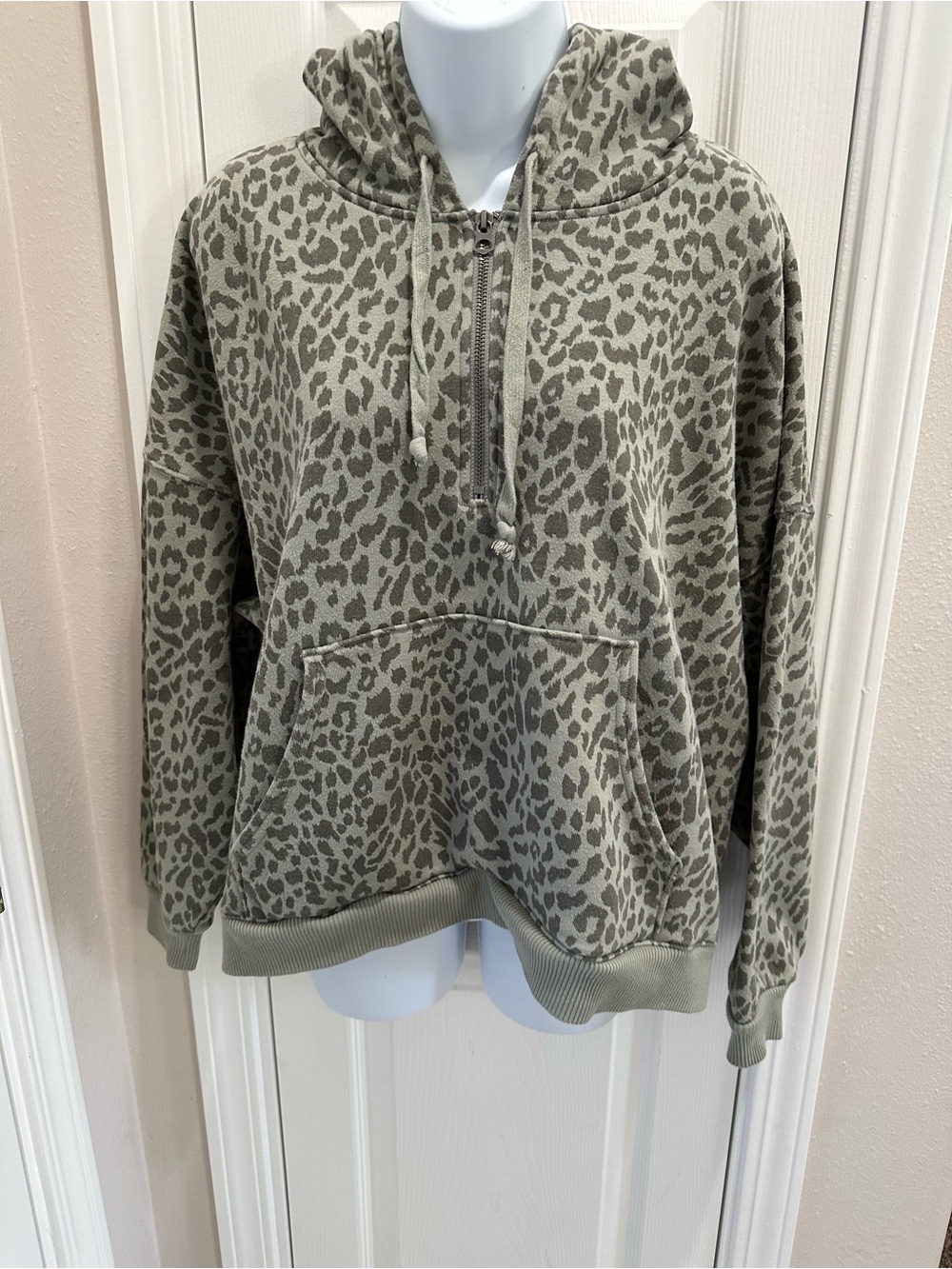 American Eagle Outfitters Oversized Sage Green Leopard Half-Zip Hoodie
